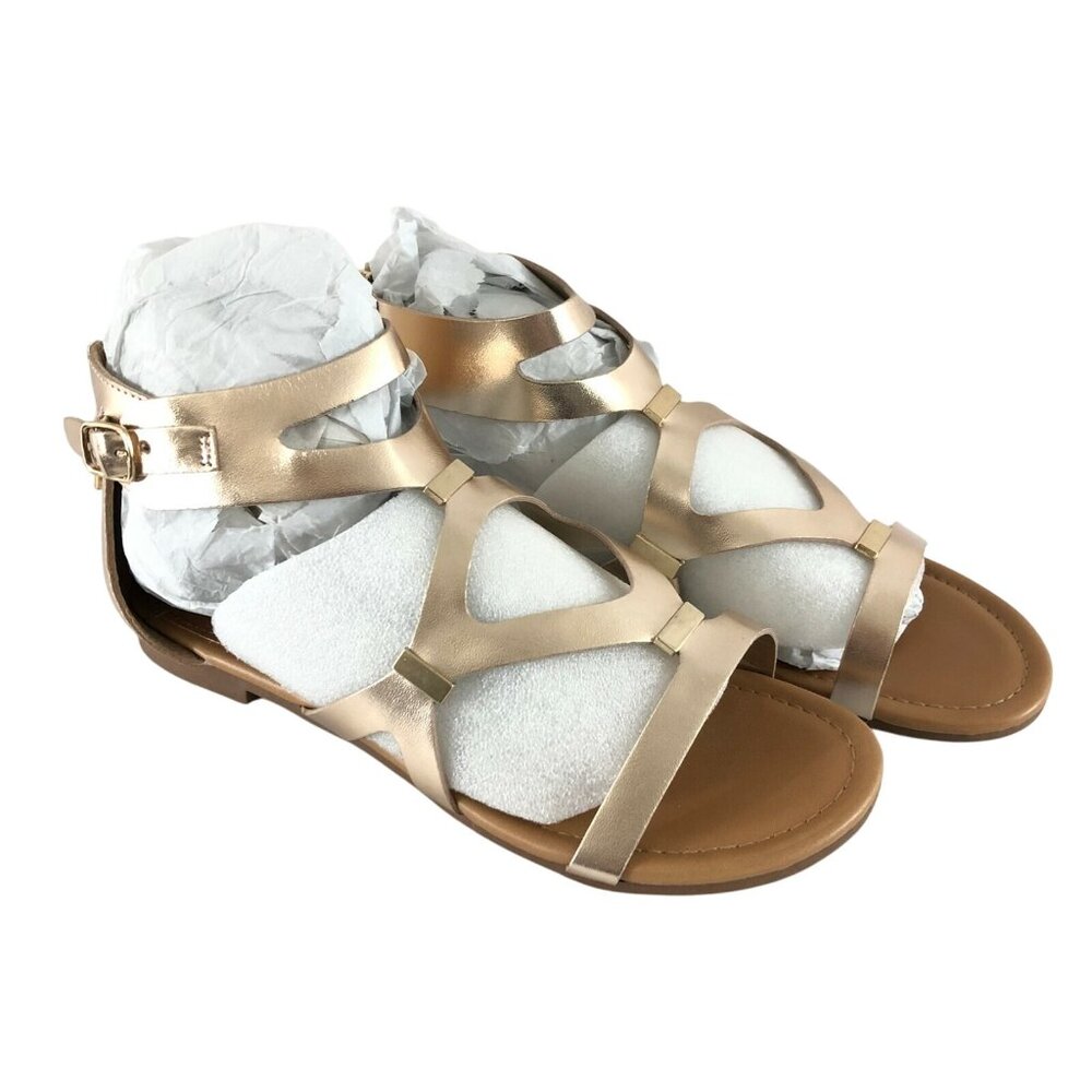 Breckelles Womens Sandals Strappy Faux Leather Gold Zipper Size 6